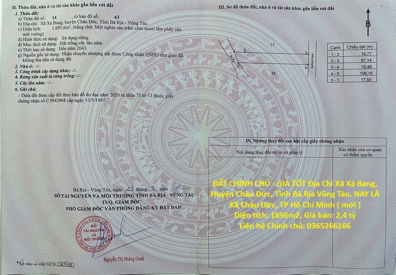 ĐẤT CHÍNH CHỦ - GIÁ TỐT Địa Chỉ Xã Xà Bang, Huyện Châu Đức, Tỉnh Bà Rịa Vũng Tàu 15984392