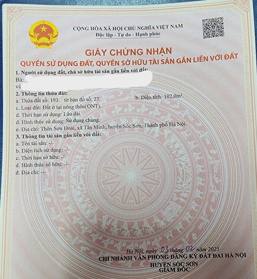 2 tỷ mà mua được 102m full thổ cư yaoj xã Sóc Sơn, không mua là mất 15985466