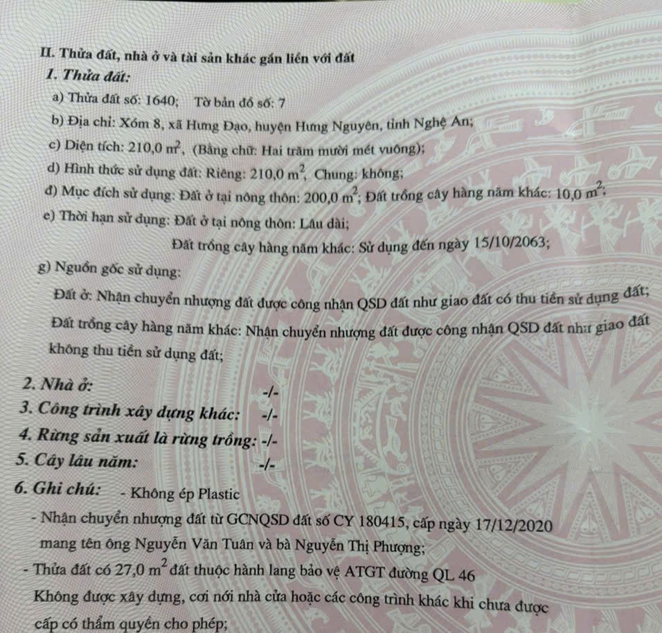 CHÍNH CHỦ CẦN BÁN ĐẤT Mặt Đường Quốc lộ 46, Xóm 8 Xã Hưng Đạo, Huyện Hưng Nguyên, Tỉnh Nghệ An. 15985705