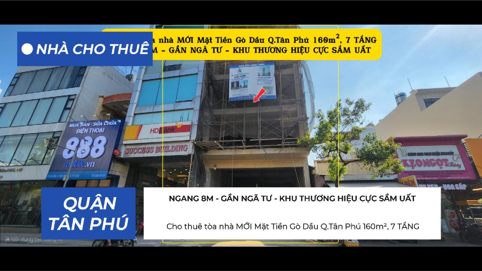 Cho thuê tòa nhà MỚI Mặt Tiền Gò Dầu Q.Tân Phú 160m²,7TẦNG - GẦN NGÃ TƯ 15988061