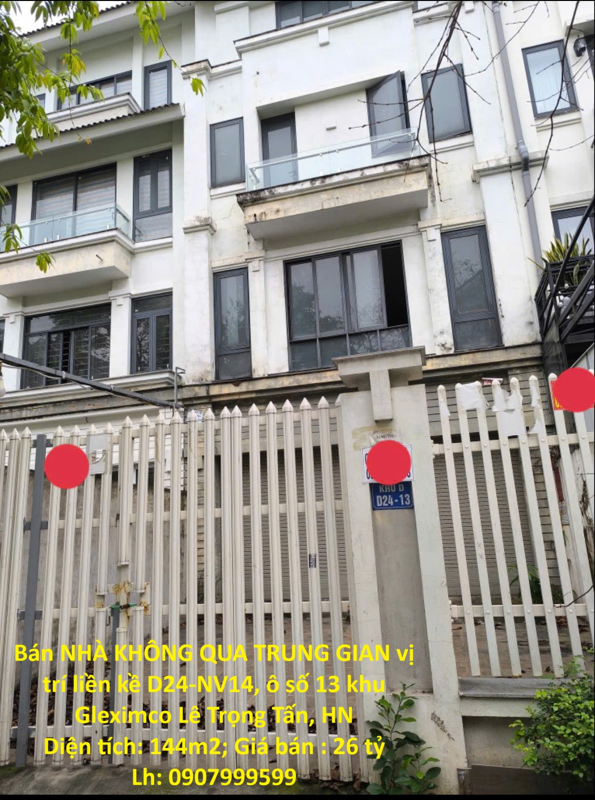 Bán NHÀ KHÔNG QUA TRUNG GIAN vị trí liền kề D24-NV14, ô số 13 khu Gleximco Lê Trọng Tấn, HN 15988410