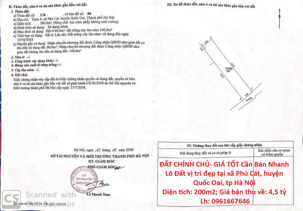 ĐẤT CHÍNH CHỦ- GIÁ TỐT Cần Bán Nhanh Lô Đất vị trí đẹp tại huyện Quốc Oai, tp Hà Nội 15988602