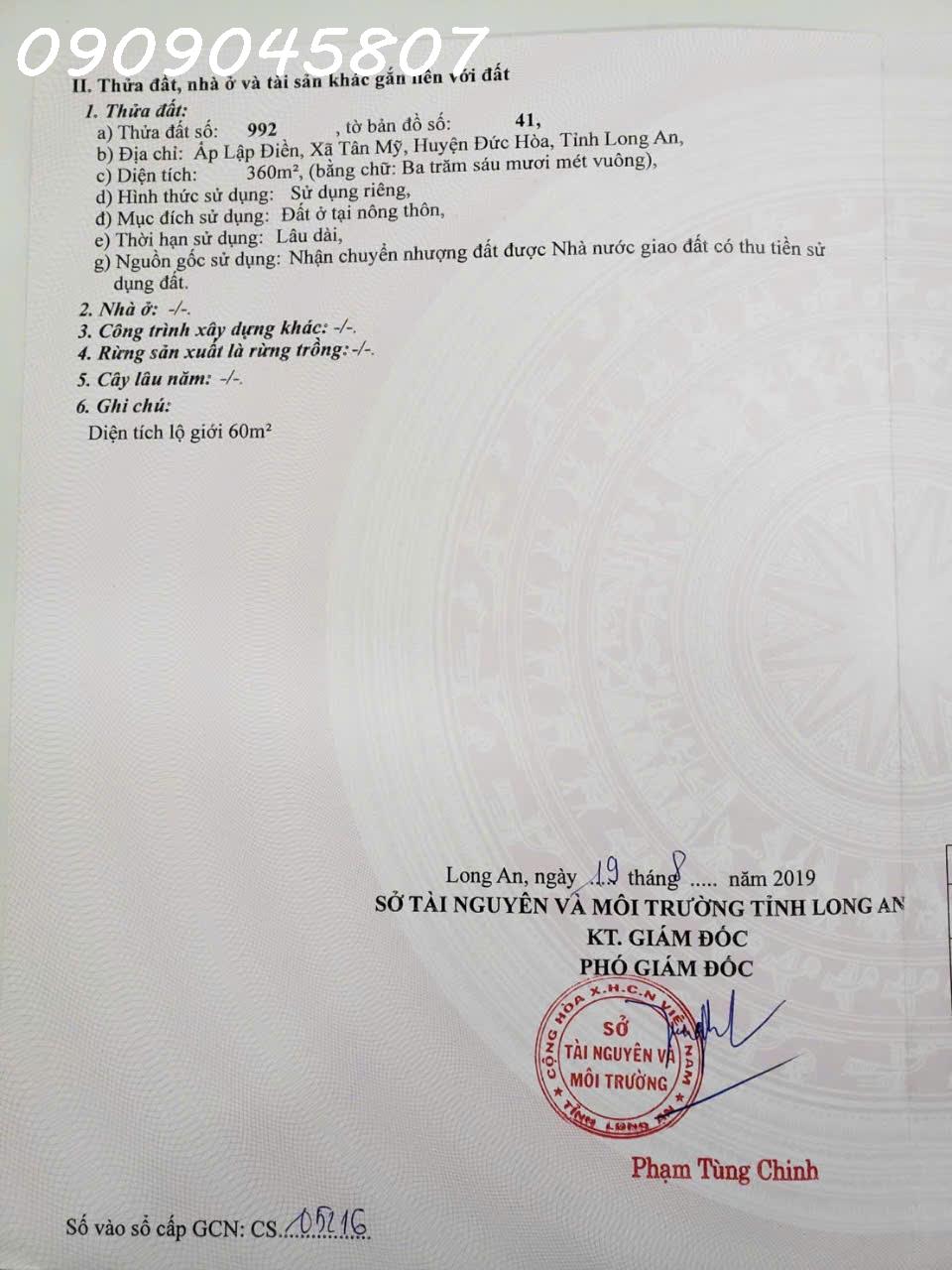 Chính chủ bán gấp 360m2 đất thổ cư 100% Đức Hòa giá 1,55 tỷ có phí hh cho môi giới 15988952