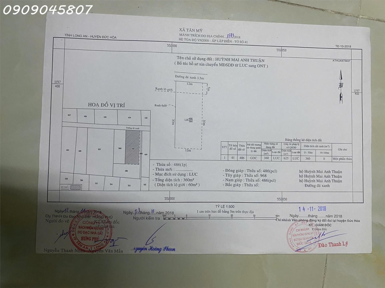 Chính chủ bán gấp 360m2 đất thổ cư 100% Đức Hòa giá 1,55 tỷ có phí hh cho môi giới 15988952