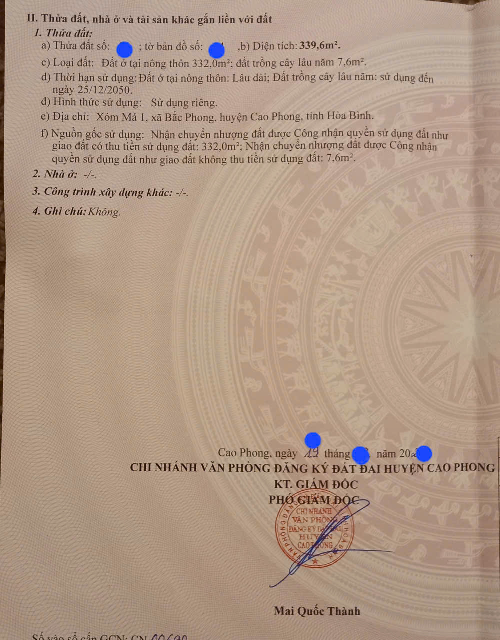 BÁN ĐẤT ĐẸP CAO PHONG – GIÁ TỐT 15989426