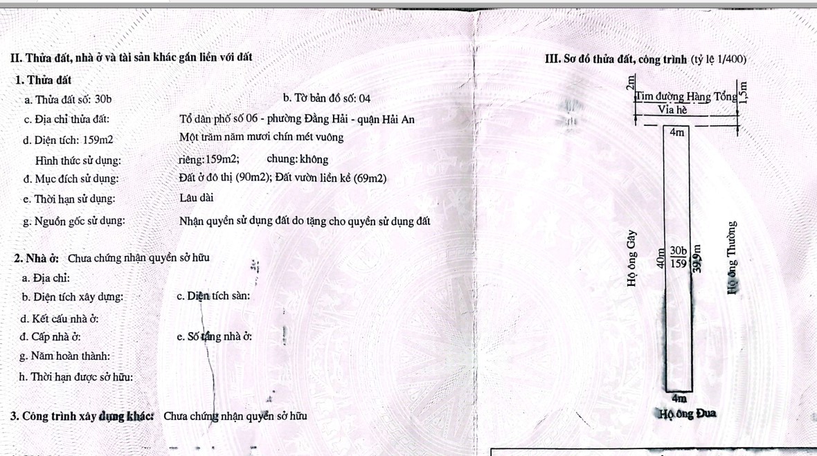 BÁN ĐẤT MẶT ĐƯỜNG HÀNG TỔNG – HẢI AN – KINH DOANH TỐT – GIÁ 4,7 TỶ 15989964