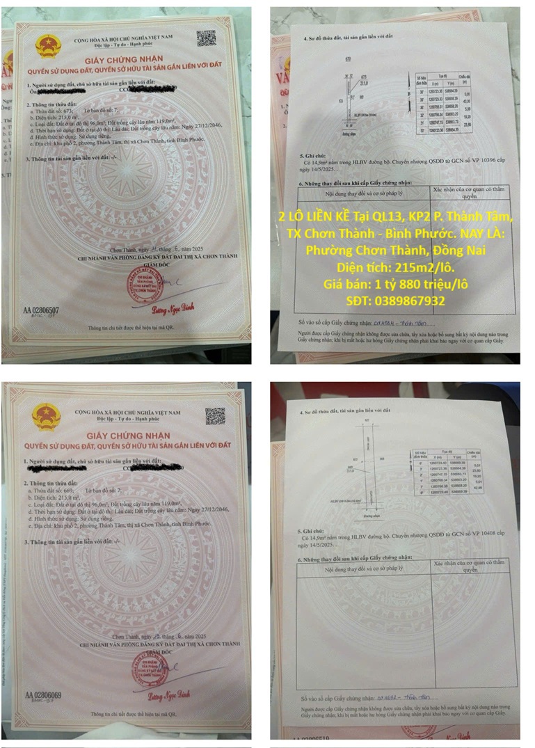 BÁN ĐẤT NỀN CHÍNH CHỦ - 2 LÔ LIỀN KỀ Tại QL13, KP2 P. Thành Tâm, TX Chơn Thành - Bình Phước 15991416