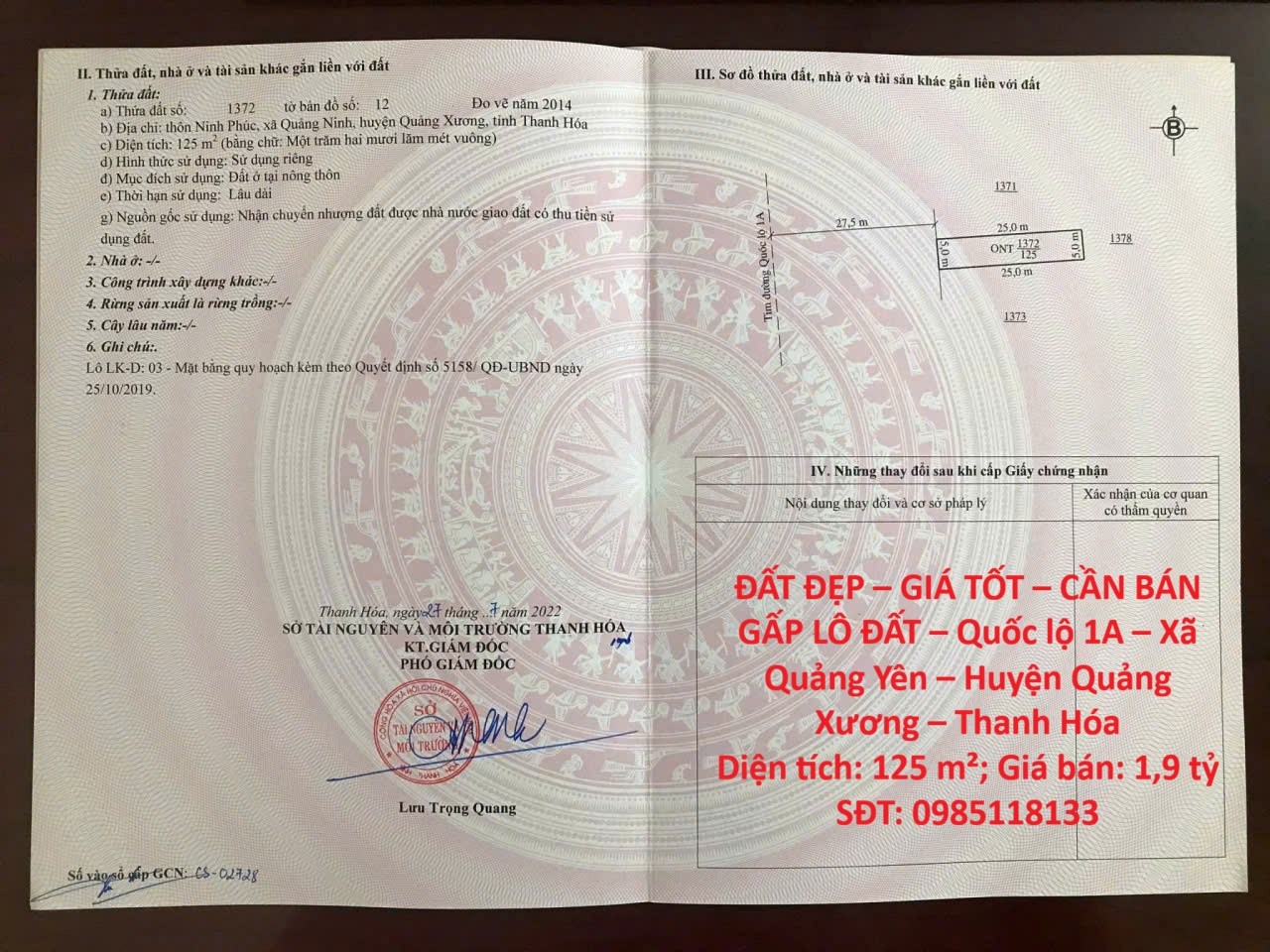 ĐẤT ĐẸP – GIÁ TỐT – CẦN BÁN GẤP LÔ ĐẤT – Quốc lộ 1A – Xã Quảng Yên – Huyện Quảng Xương – Thanh Hóa 15991646