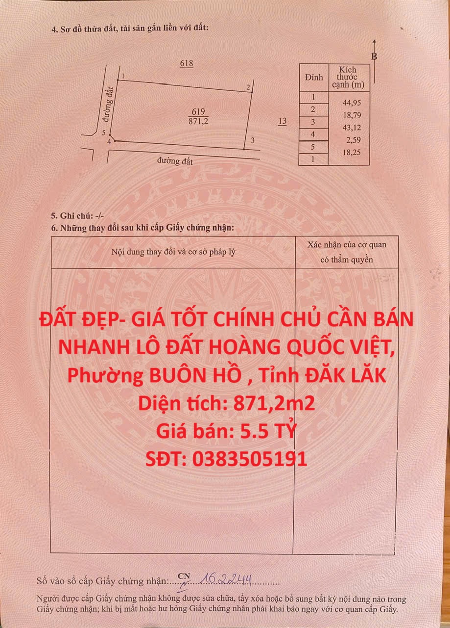 ĐẤT ĐẸP- GIÁ TỐT CHÍNH CHỦ CẦN BÁN NHANH LÔ ĐẤT HOÀNG QUỐC VIỆT, Phường BUÔN HỒ , Tỉnh ĐĂK LĂK 15992395