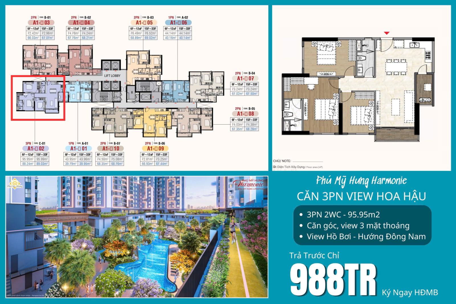 Bán Căn 3PN Phú Mỹ Hưng View Đẹp Nhất Dự Án – 95m², 3 Mặt Thoáng Mỹ Linh – PKD Phú Mỹ Hưng
 0901 15993659