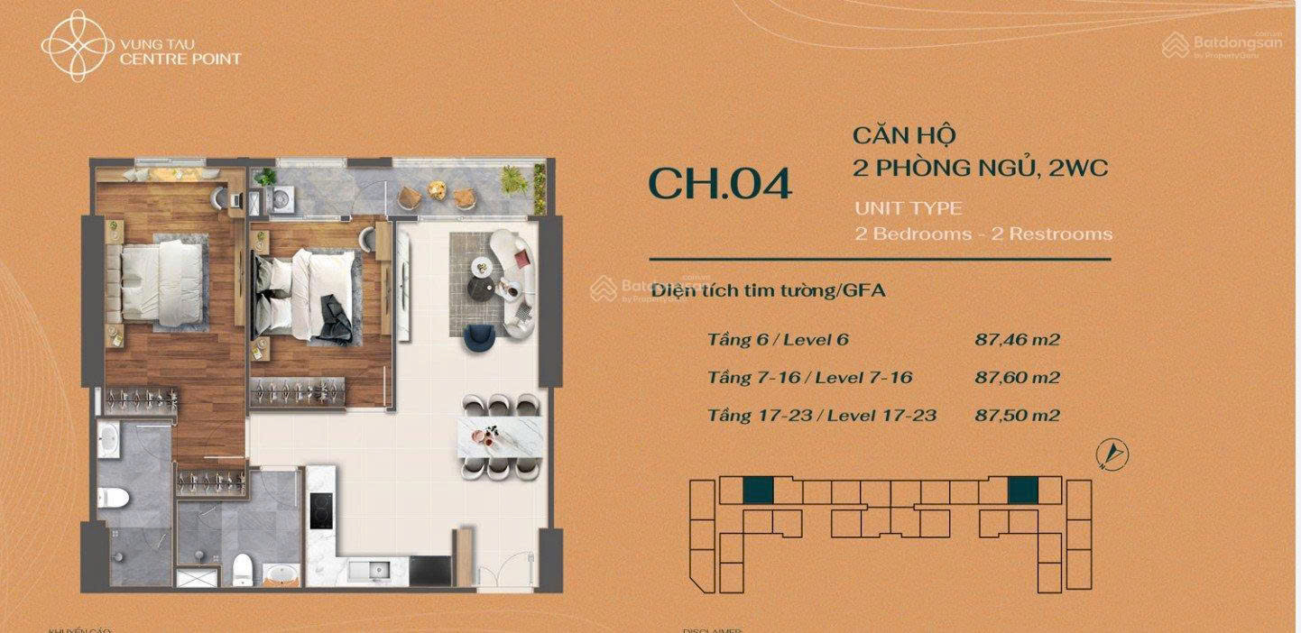 Bán căn hộ 2PN, 2WC - 87 m2 View đông nam - full nội thất , giá 4,75 tỷ, - Vung Tau Centre 15994303