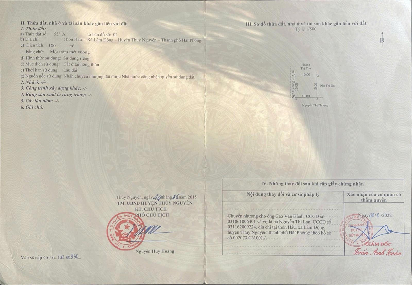 BÁN ĐẤT PHÂN LÔ LÂM ĐỘNG – THUỶ NGUYÊN – 2 MẶT NGÕ – MT 10M – GIÁ 3,35 TỶ 15994967