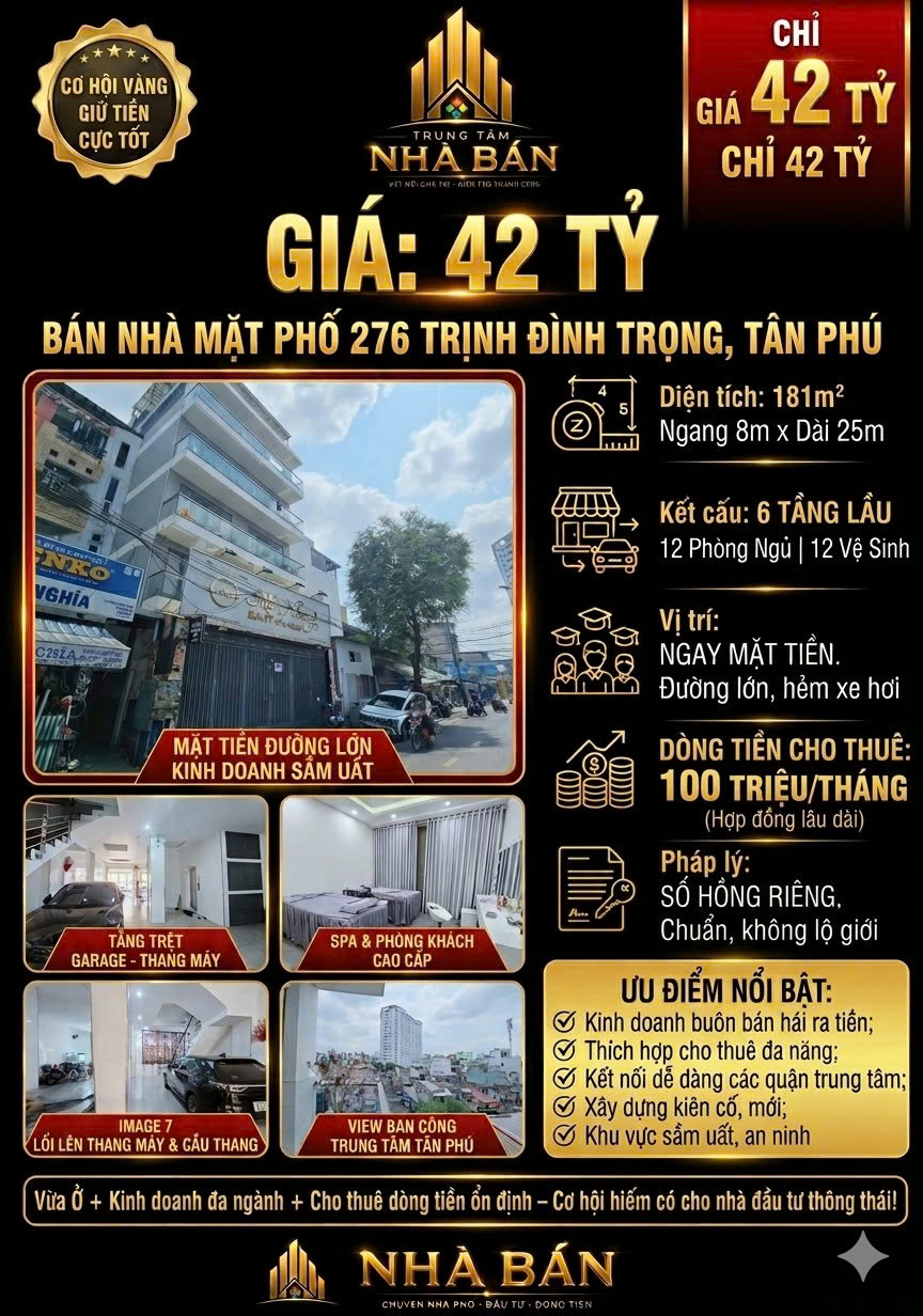 NHÀ MẶT TIỀN 276 TRỊNH ĐÌNH TRỌNG TÂN PHÚ - 181M2 - 800M2 SD - 6 TẦNG - 12PN - 42 TỶ - SHR - LH 15996064