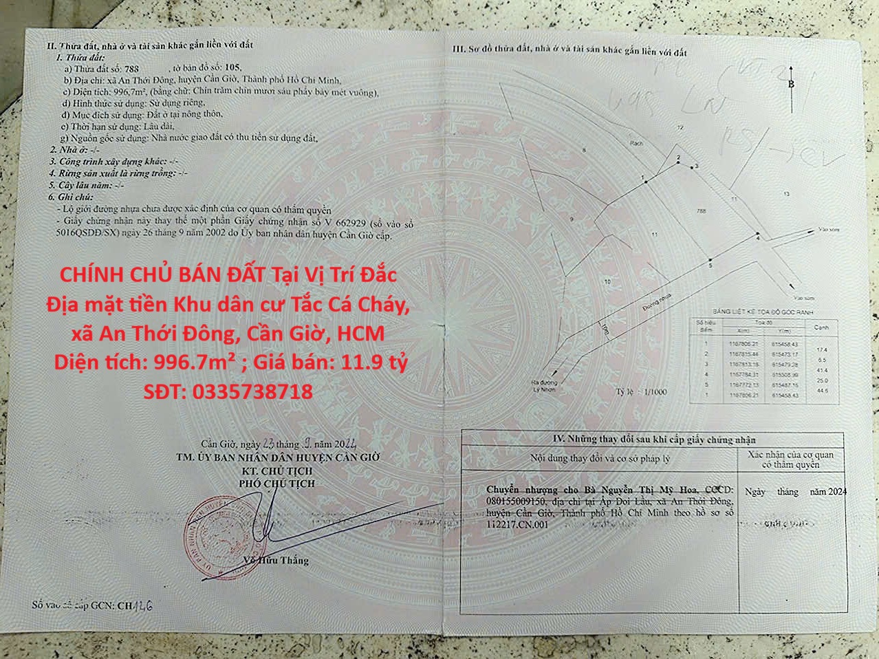 CHÍNH CHỦ BÁN ĐẤT Tại Vị Trí Đắc Địa mặt tiền Khu dân cư Tắc Cá Cháy, xã An Thới Đông, Cần Giờ. Dt 15997261