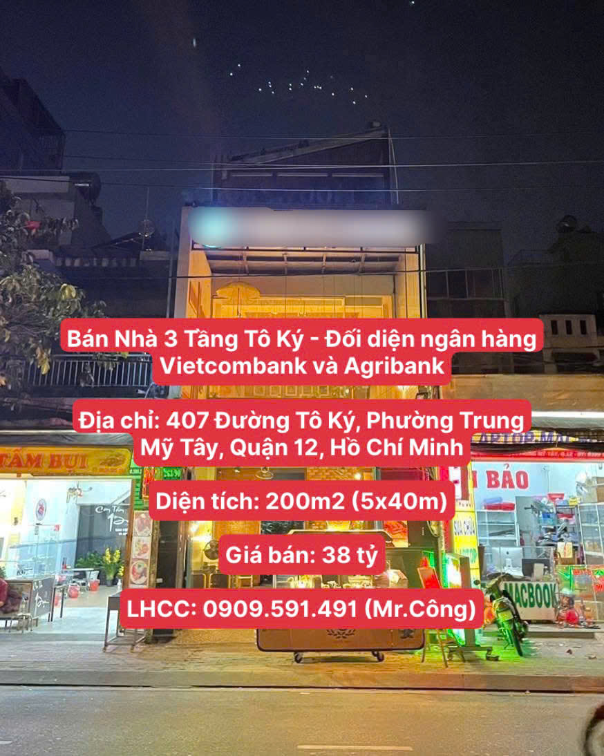 Chính Chủ Bán Nhà 3 Tầng Tô Ký - Đối diện ngân hàng Vietcombank và Agribank, Diện tích 200m2, giá 15997394