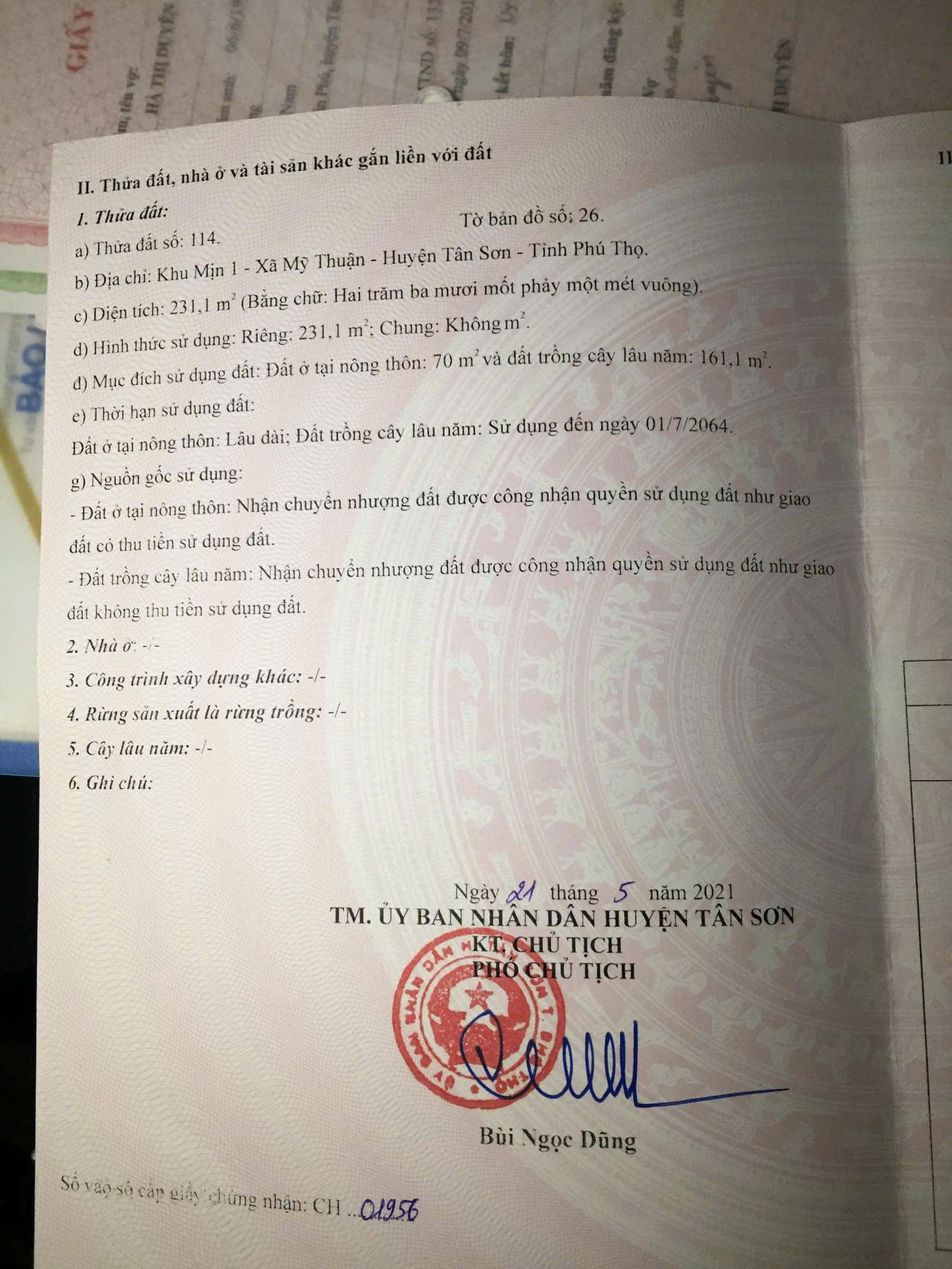 Bán lô đất 231m2 ( 70m2 thổ cư ) Tại Khu Mịn 1 – Xã Mỹ Thuận – Tân Sơn – Phú Thọ. 15997589