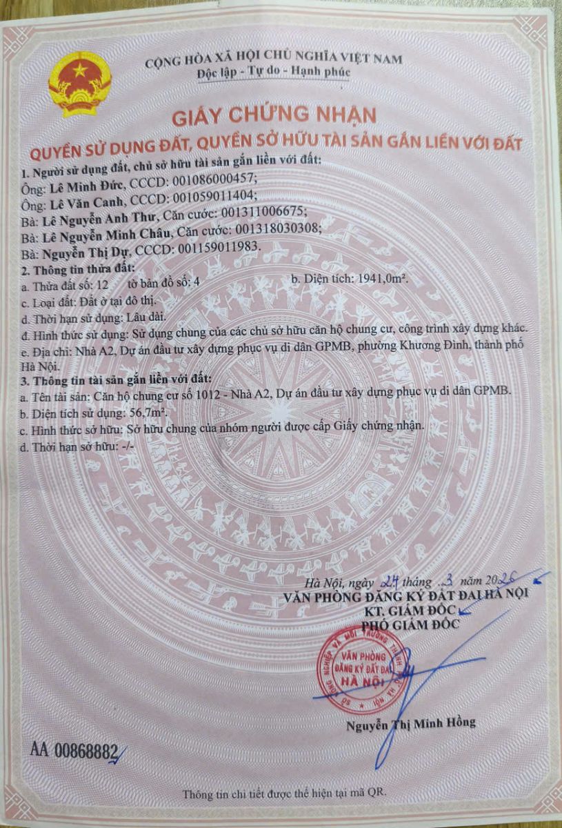 CHÍNH CHỦ CẦN BÁN CĂN HỘ CHUNG CƯ 1012 - CHUNG CƯ A2 NGÕ 80 HOÀNG ĐẠO THÀNH 15998043