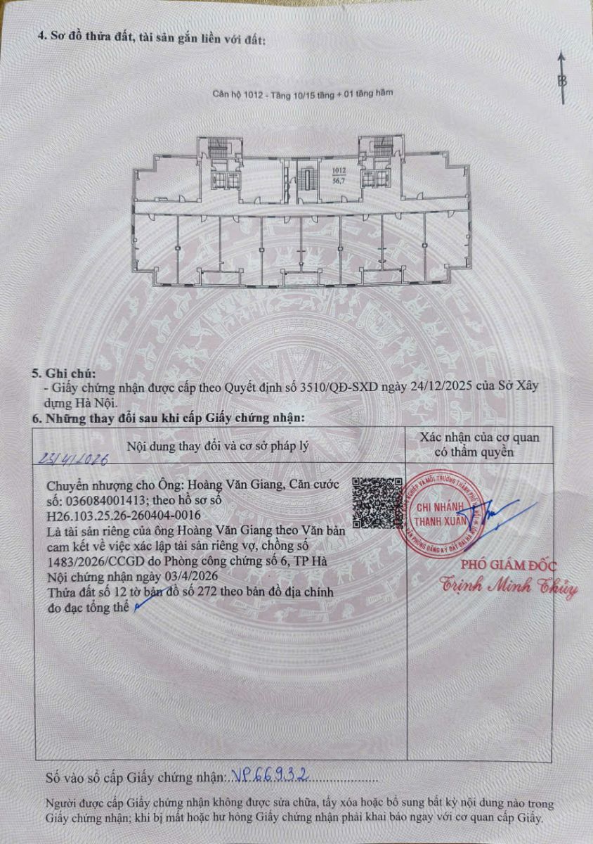 CHÍNH CHỦ CẦN BÁN CĂN HỘ CHUNG CƯ 1012 - CHUNG CƯ A2 NGÕ 80 HOÀNG ĐẠO THÀNH 15998043