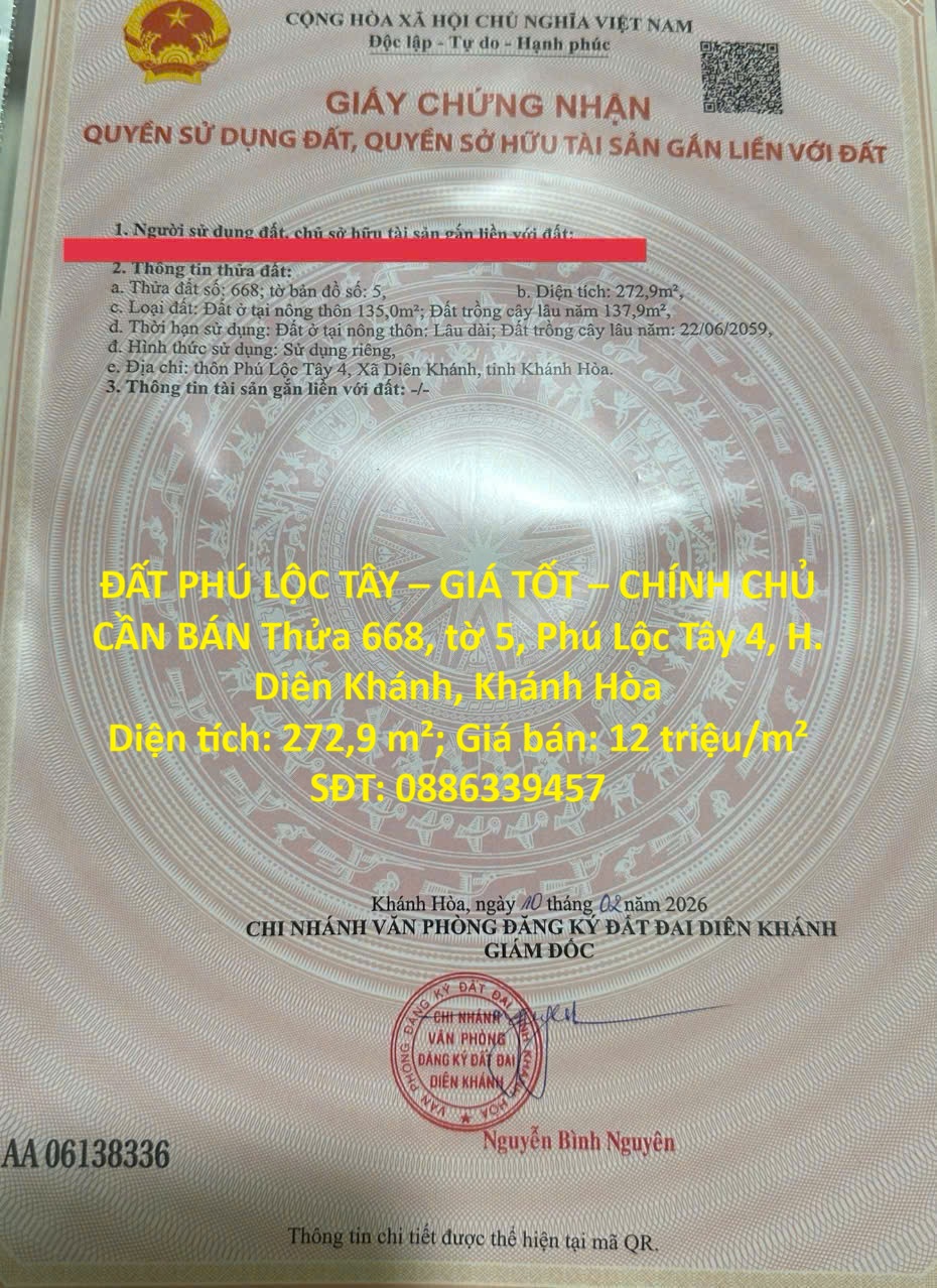 ĐẤT PHÚ LỘC TÂY – GIÁ TỐT – CHÍNH CHỦ CẦN BÁN Thửa 668, tờ 5, Phú Lộc Tây 4, H. Diên Khánh, Khánh 15998576