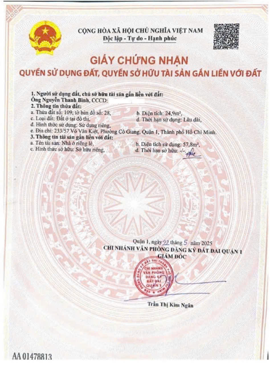 CHÍNH CHỦ BÁN NHÀ MỚI – TRUNG TÂM QUẬN 1 – 3 Tỷ 150 Triệu 15998608