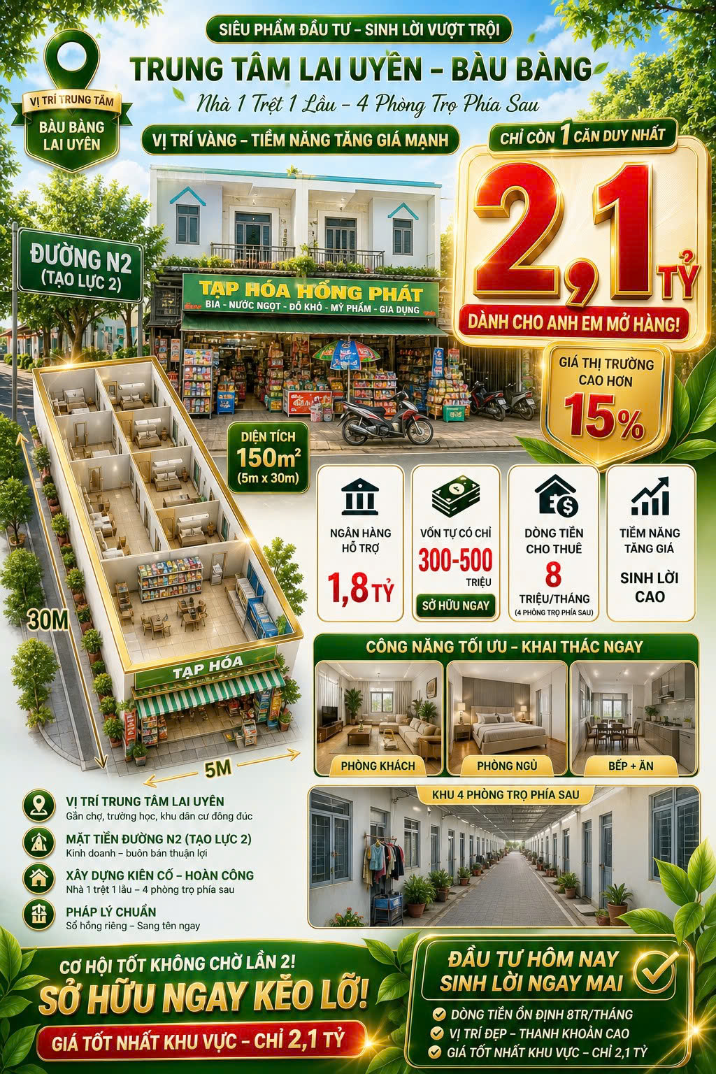 Nhà Mặt Tiền ngay QL13 Bàu Bàng 5x30 nhà đẹp đang cho thuê dòng tiền - 150m2 - 6PN - Sổ Đỏ - Giá 15999065