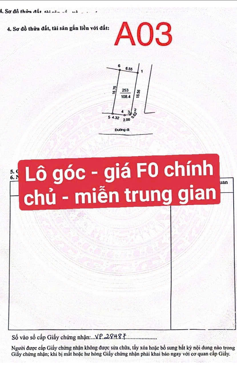 Chính chủ cần tiền mảnh đất lô góc 108m2 sát Quốc lộ 21 15999085