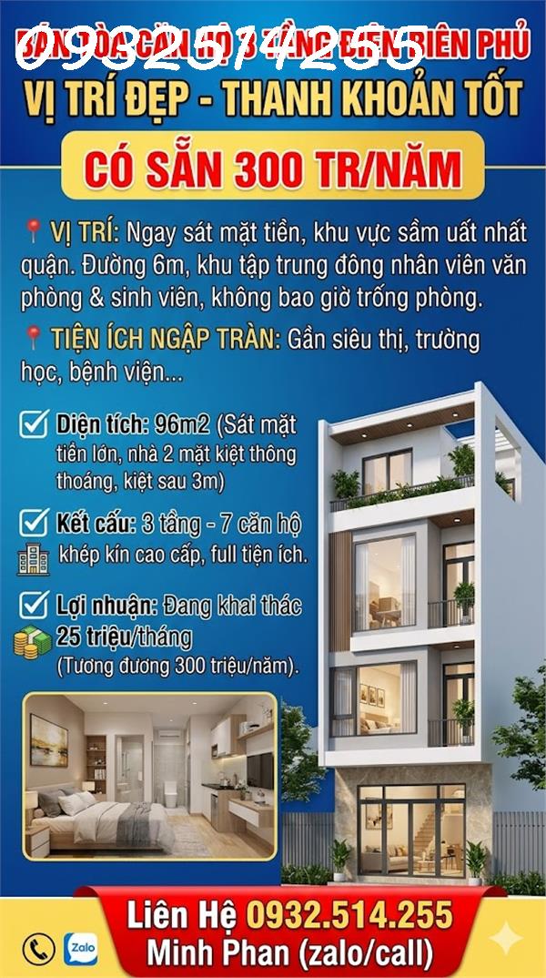 Toà Căn Hộ Thu Nhập 300tr/Năm - Đường Điên Biên Phủ - Giá Bán Chỉ 7 tỷ xxx - Kiệt ô tô 6m - Thanh 15999262