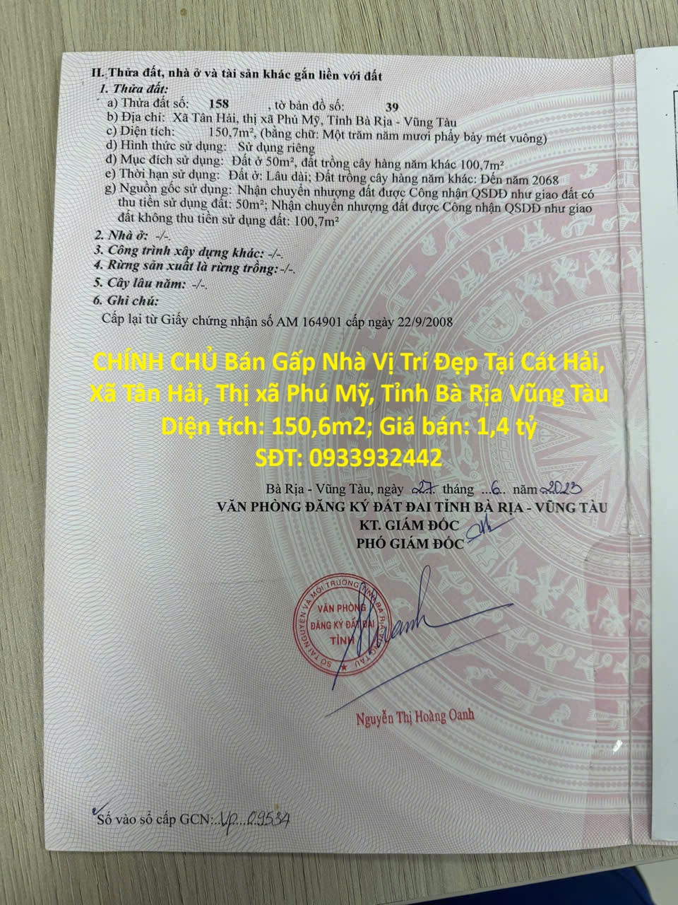 CHÍNH CHỦ Bán Gấp Nhà Vị Trí Đẹp Tại Cát Hải, Xã Tân Hải, Thị xã Phú Mỹ, Tỉnh Bà Rịa Vũng Tàu 16000304