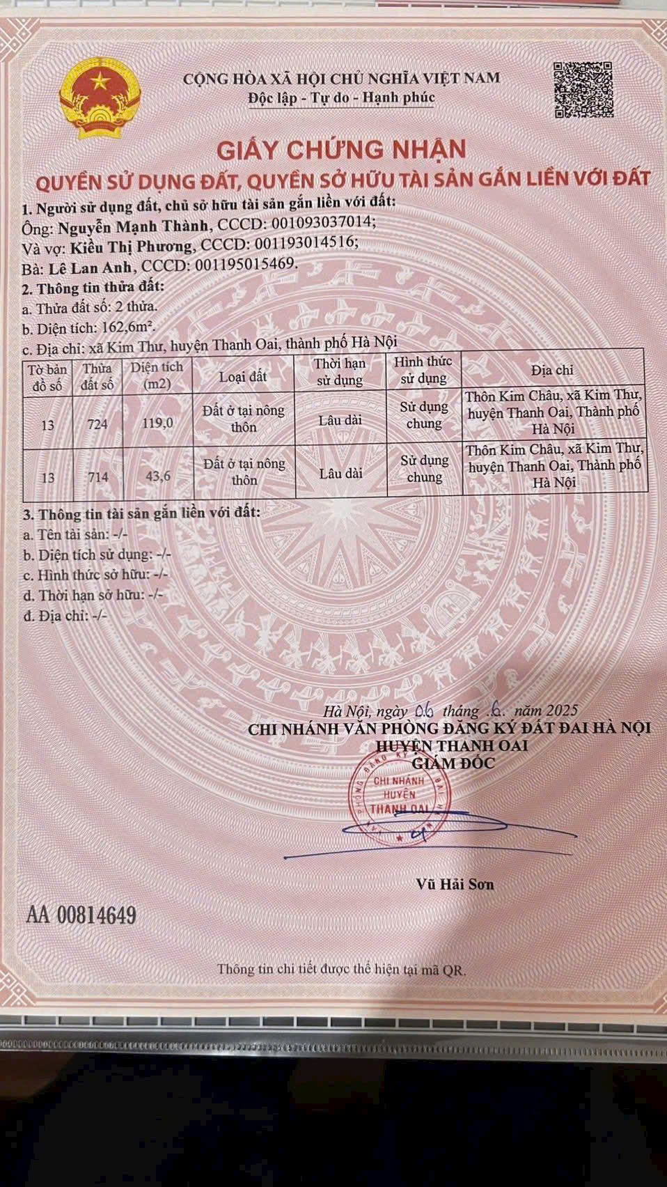 Bán lô đất thổ cư Kim Châu, Kim Thư, Thanh Oai, Hà Nội . Otô vào nhà, DT 43,6 lô góc mặt tiền 5,2m 16000593