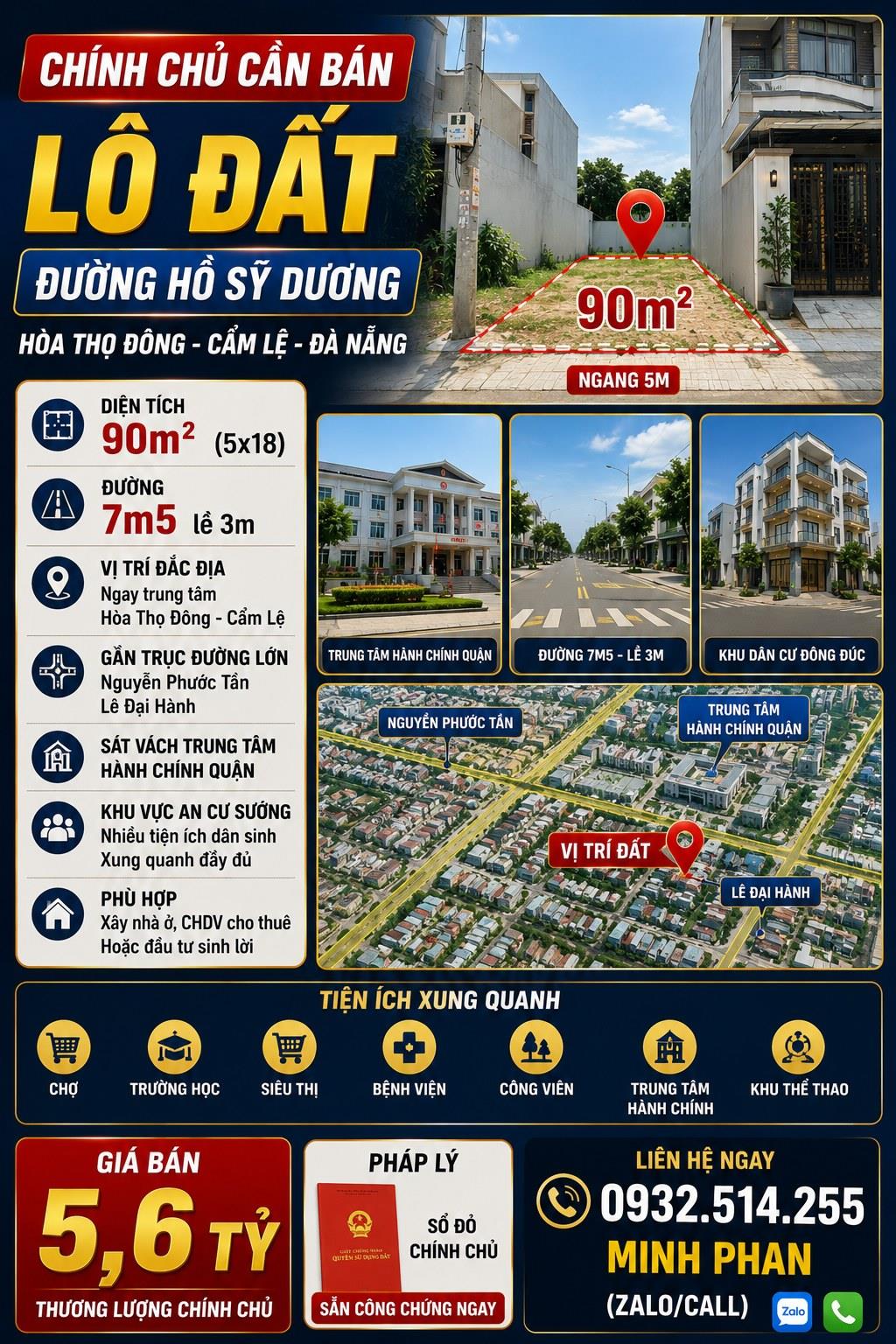 Bán Đất Hồ Sỹ Dương - Hoà Thọ Đông - Cẩm Lệ - Đường 7m5 - Giá chỉ 5 tỷ xxx Lh 0932514255 16000726