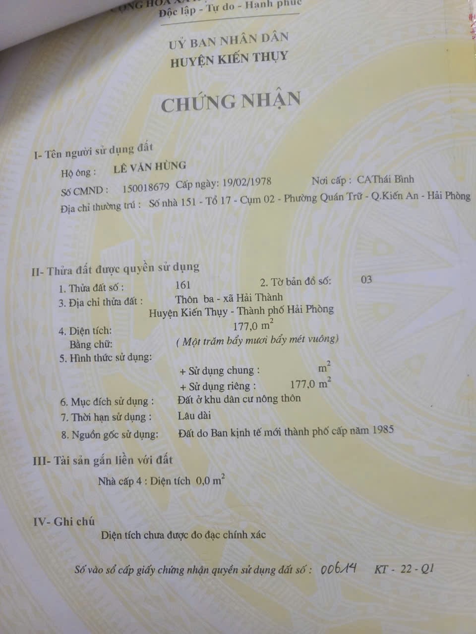 BÁN LÔ ĐẤT MẶT TRỤC CHÍNH CÔNG VIÊN HẢI THÀNH - DƯƠNG KINH 16001705