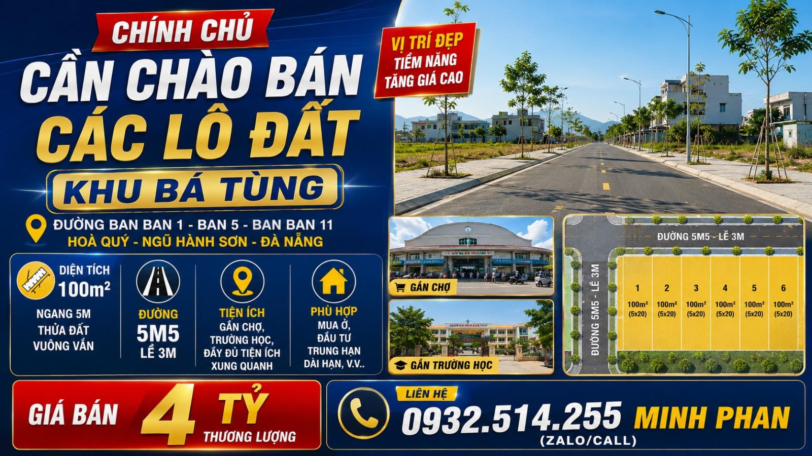Bán đất TĐC Bá Tùng đường Ban Ban 1, Hòa Quý, Ngũ Hành Sơn, chỉ 4 tỷ Tl 16001825