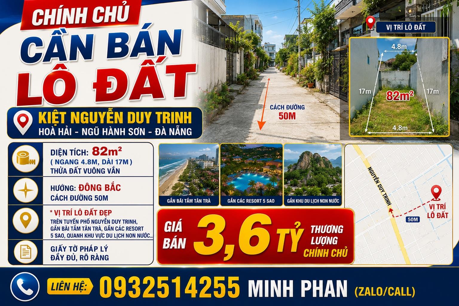 Bán Đất Kiệt ô tô Nguyễn Duy Trinh - Ngũ Hành Sơn - Ngang 5m - 82 m2 - Giá chỉ 3.6 tỷ 16001861