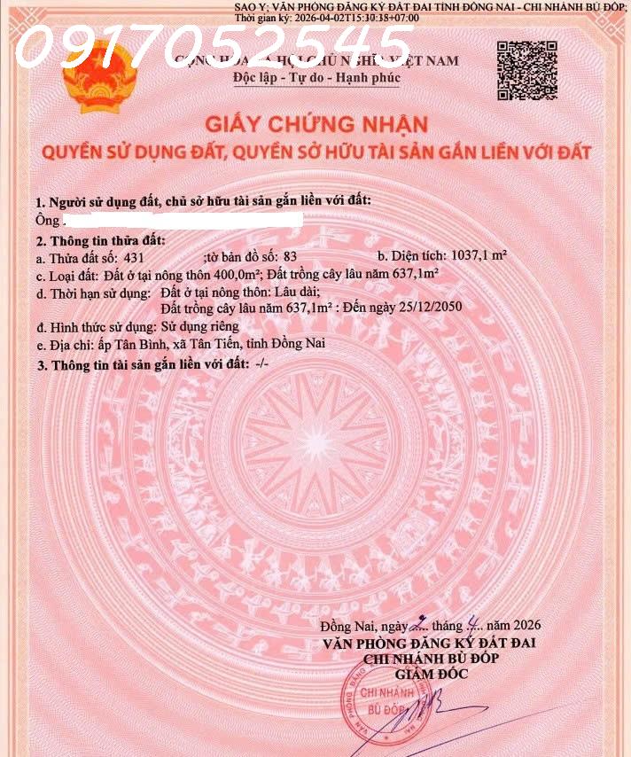 Chính chủ cần bán đất xã Tân Tiến, Bù Đốp, DT 1.037m2, thổ cư sẵn 400m2, giá đầu tư 16002861