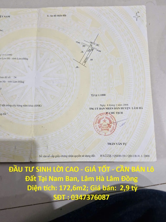 ĐẦU TƯ SINH LỜI CAO - GIÁ TỐT - CẦN BÁN Lô Đất Tại Nam Ban, Lâm Hà Lâm Đồng 16003083