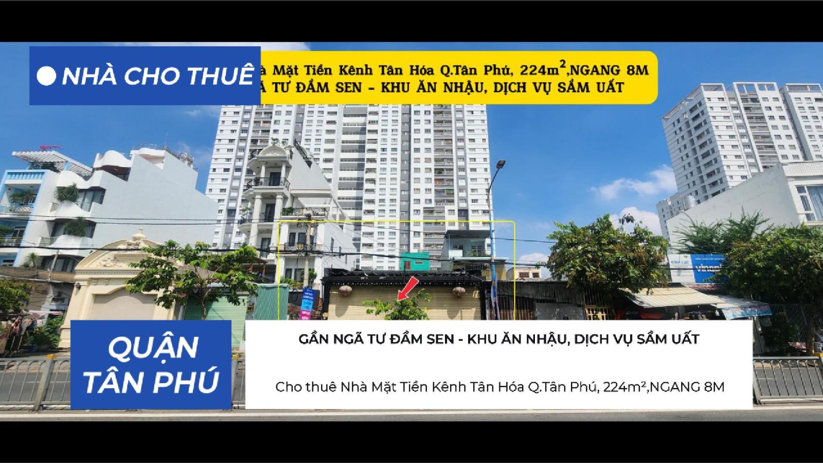 Cho thuê Nhà Mặt Tiền Kênh Tân Hóa Q.Tân Phú, 224m²,NGANG 8M 16003115