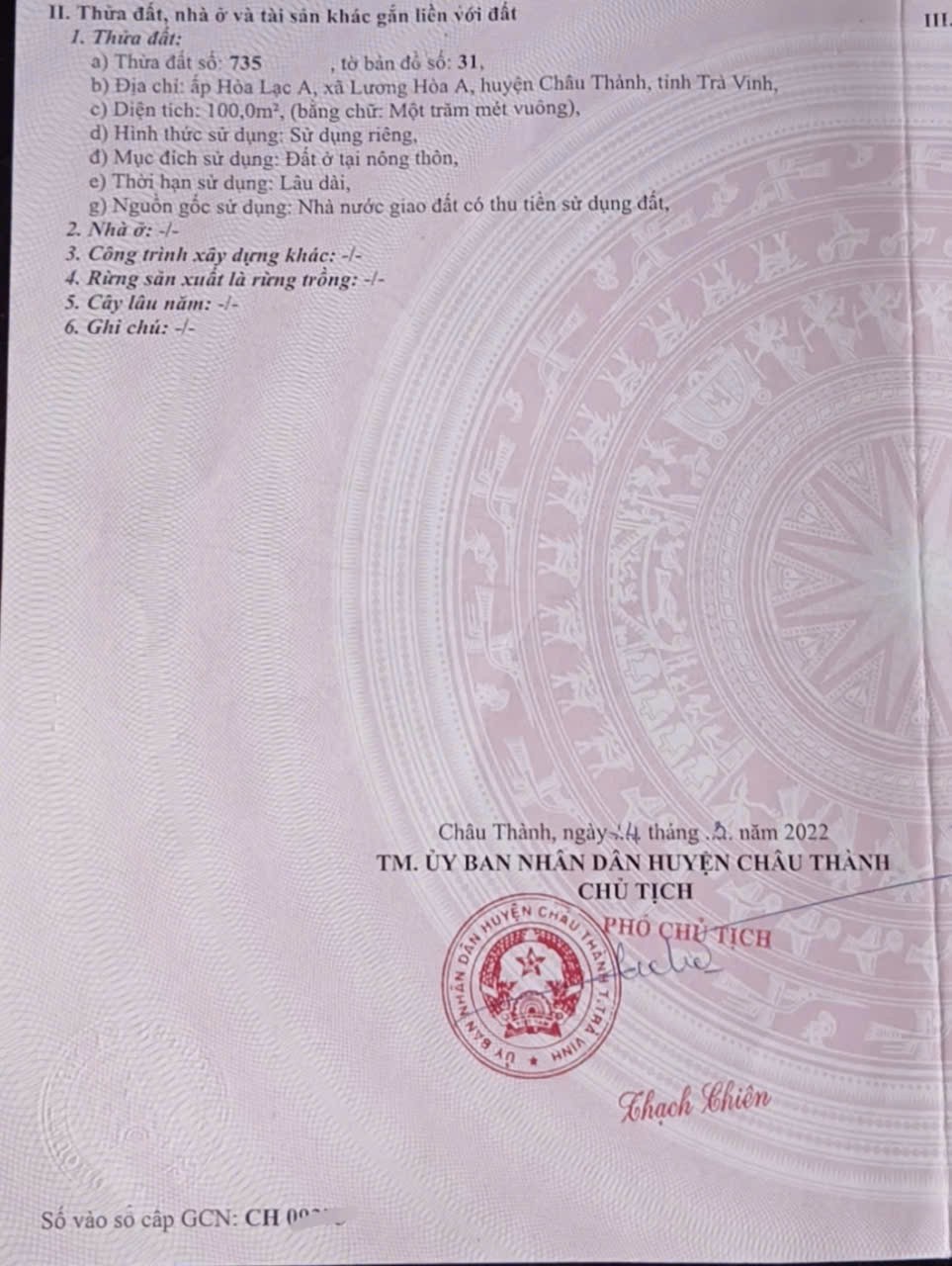 Chính Chủ Bán Lô Đất Tiềm Năng Tại Ấp Hòa Lạc A, Xã Lương Hòa A, Huyện Châu Thành, Tỉnh Trà Vinh 16003128