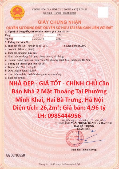 NHÀ ĐẸP - GIÁ TỐT - CHÍNH CHỦ Cần Bán Nhà 2 Mặt Thoáng Tại Phường Minh Khai, Hai Bà Trưng, Hà Nội 16004006