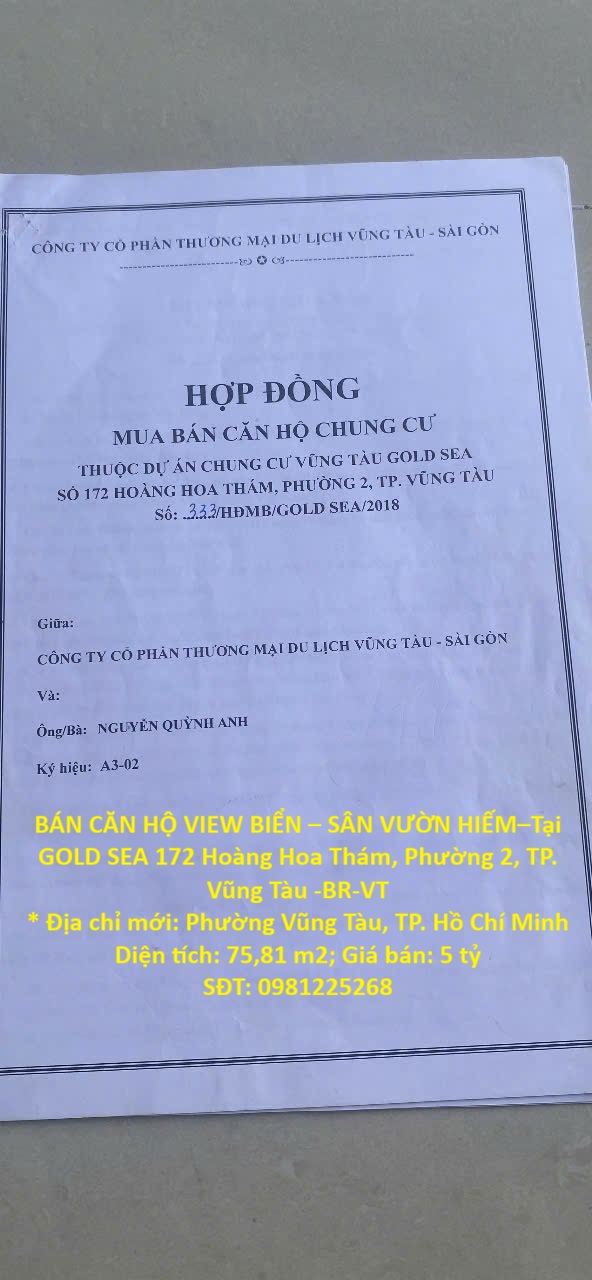 BÁN CĂN HỘ VIEW BIỂN – SÂN VƯỜN HIẾM–Tại GOLD SEA 172 Hoàng Hoa Thám, Phường 2, TP. Vũng Tàu -BR-VT 16004187