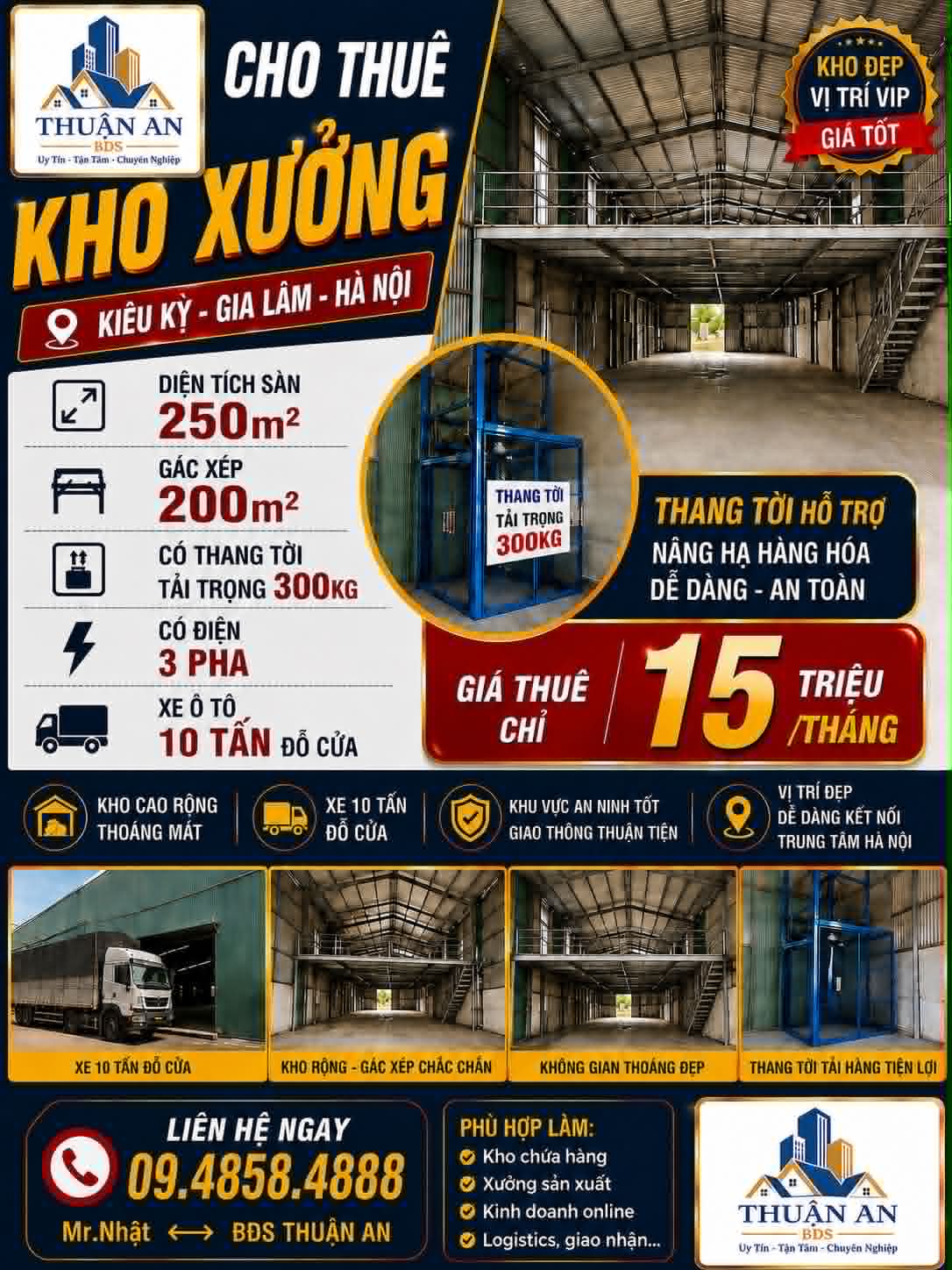 Cho thuê kho, xưởng DTSD 450m2 mtien 10m2 Kiêu Kỵ, Gia Lâm đường xe tải 10 tấn đỗ cửa 16004676