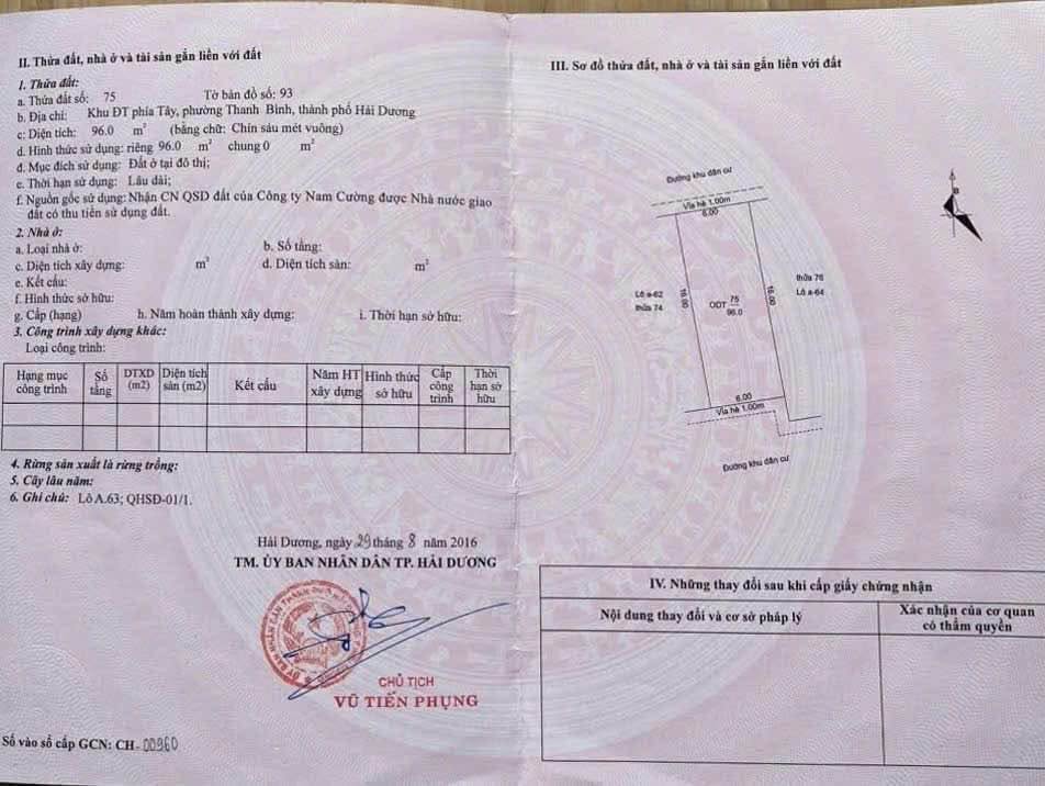 Bán đất chợ Hội Đô, ph Thanh Bình, TP Hải Dương, 96m2, mặt tiền 6m, giá chỉ 3.2x tỷ  16004749