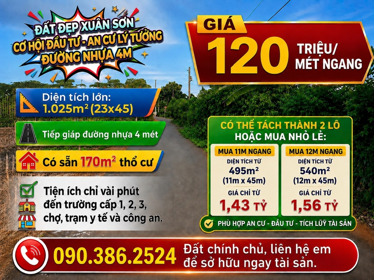 Chính chủ bán đất Xuân Sơn, Hồ Chí Minh - 1.025m2, mặt tiền đường, sẵn 170m2 thổ cư 16005695
