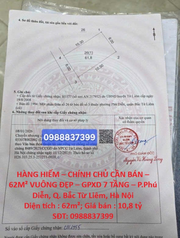 HÀNG HIẾM – CHÍNH CHỦ CẦN BÁN – 62M² VUÔNG ĐẸP – GPXD 7 TẦNG – P.Phú Diễn, Q. Bắc Từ Liêm, Hà Nội 16006216