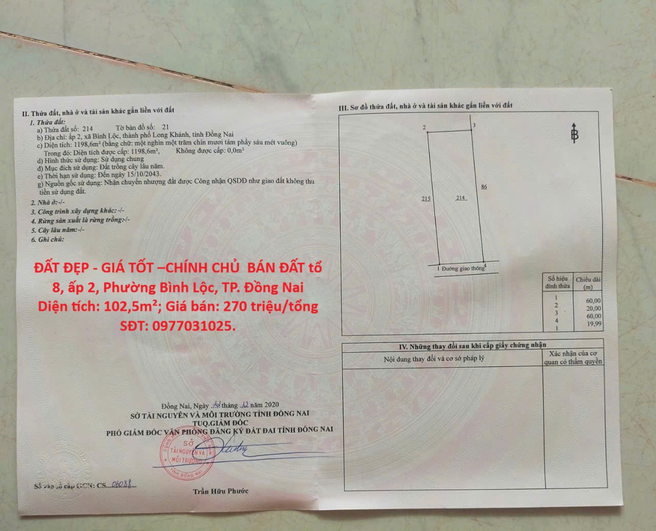 ĐẤT ĐẸP - GIÁ TỐT –CHÍNH CHỦ  BÁN ĐẤT tổ 8, ấp 2, Phường Bình Lộc, TP. Đồng Nai 16006391