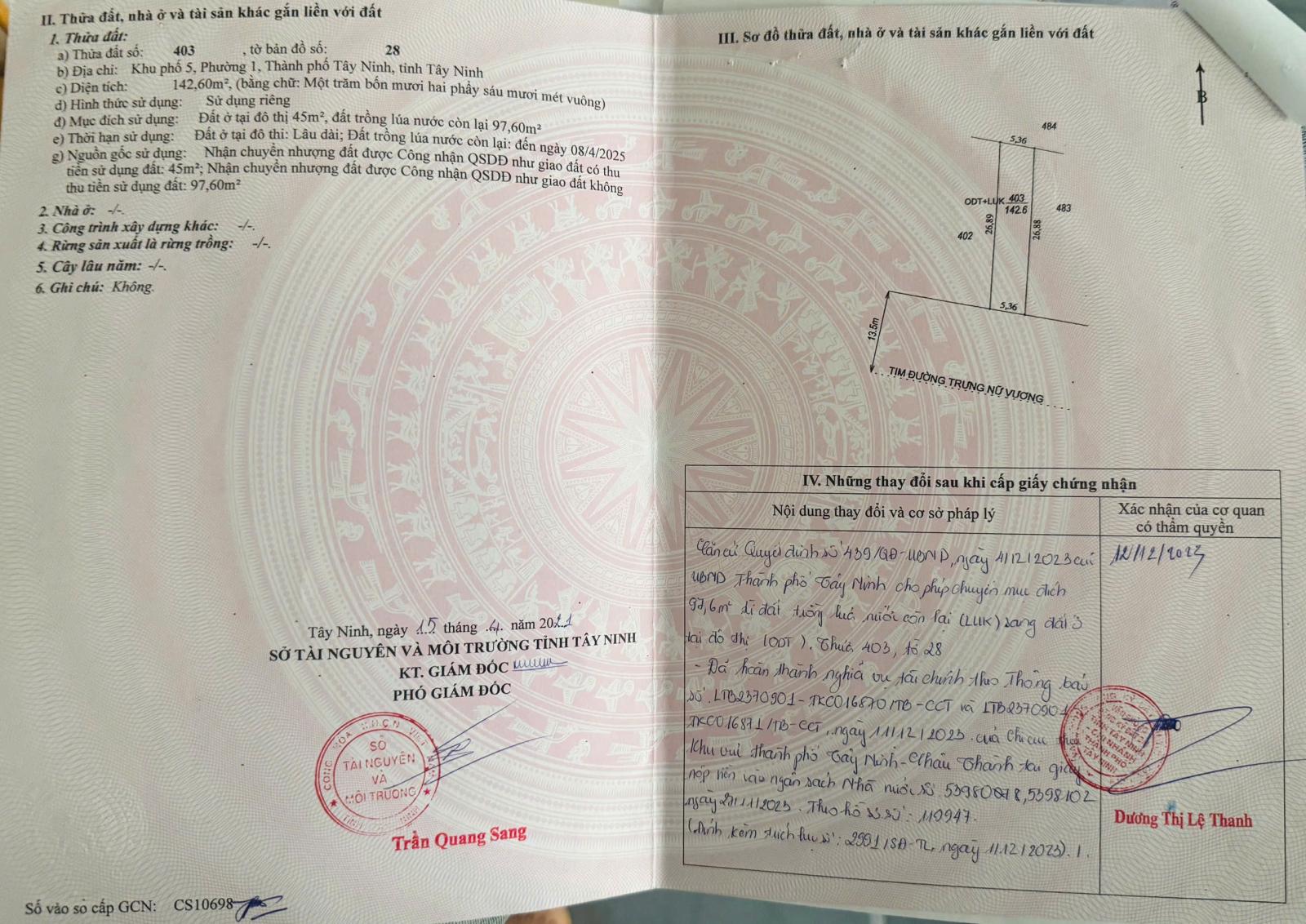 BÁN ĐẤT MẶT TIỀN TRƯNG NỮ VƯƠNG – FULL THỔ CƯ – TRUNG TÂM TÂY NINH 16006568