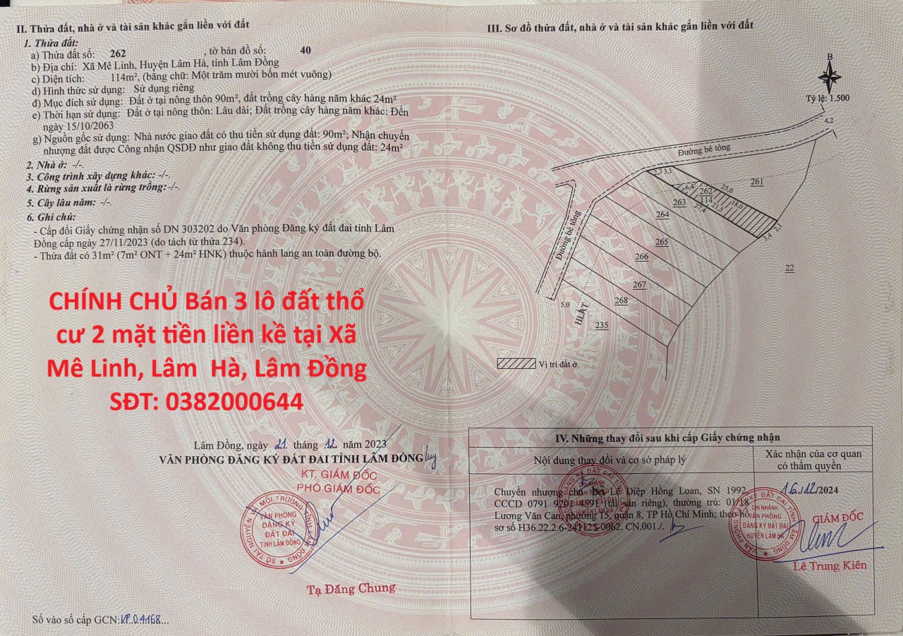CHÍNH CHỦ Bán 3 lô đất thổ cư 2 mặt tiền liền kề tại Xã Mê Linh, Lâm  Hà, Lâm Đồng 16006932