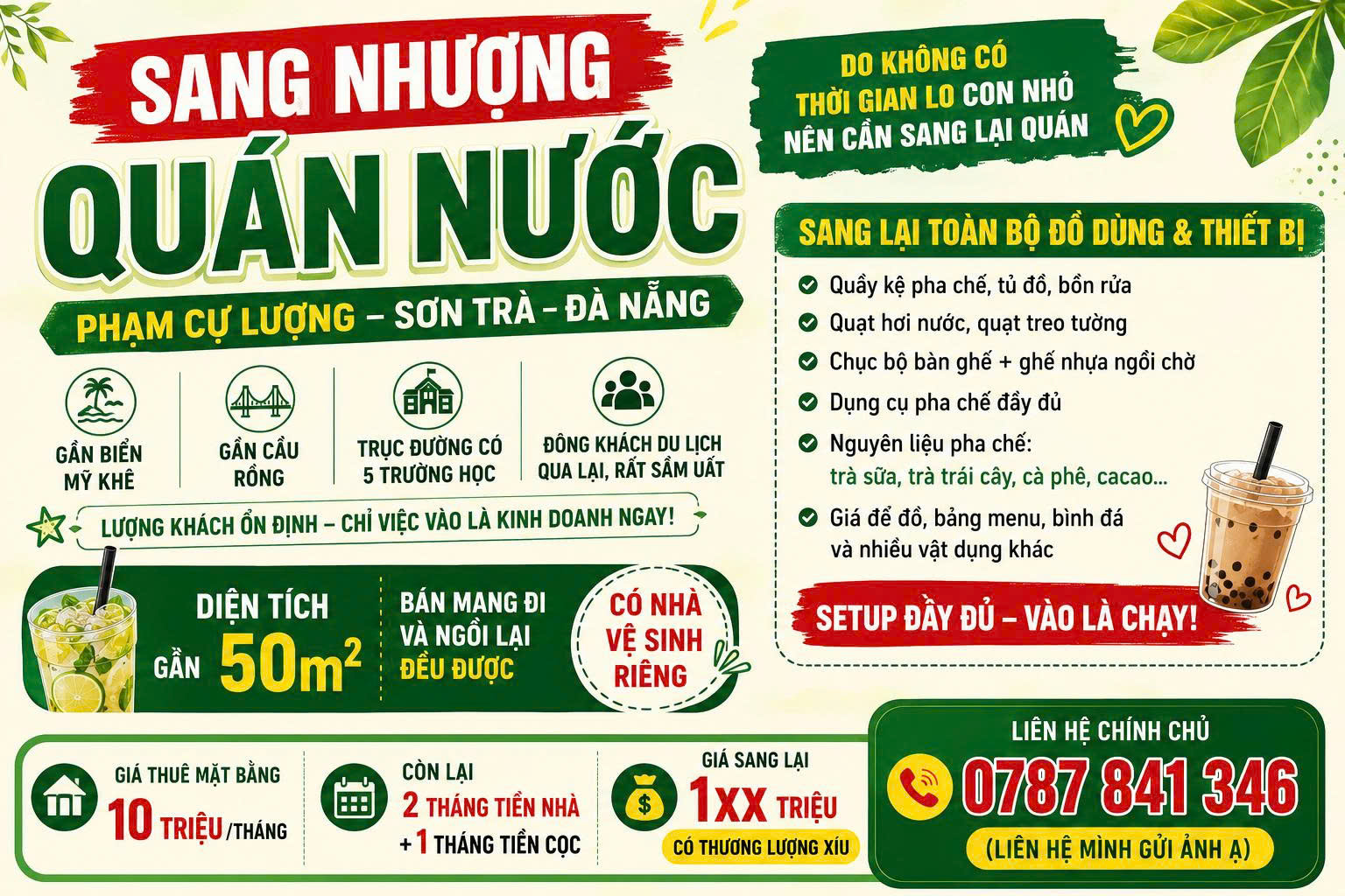 Mình cần sang nhượng lại quán nước do không có thời gian lo cho con nhỏ nên không quản lý quán được 16006954