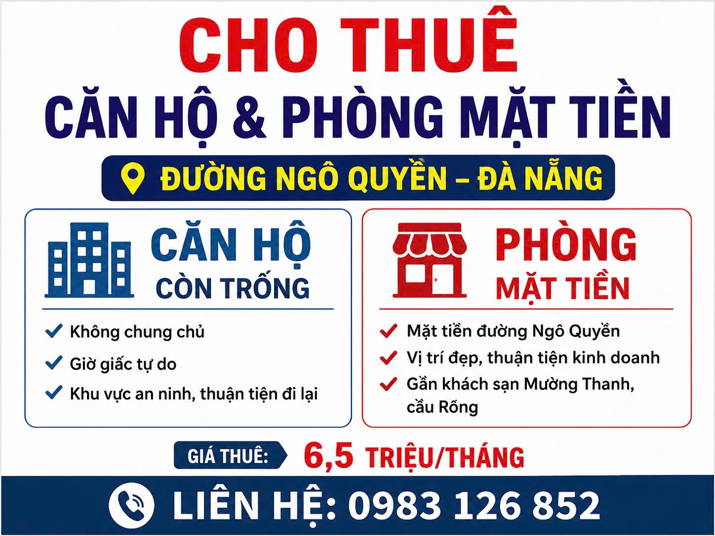 GIÁ TỐT - CHÍNH CHỦ CHO THUÊ CĂN HỘ và PHÒNG MẶT TIỀN ĐƯỜNG NGÔ QUYỀN – ĐÀ NẴNG 16006987