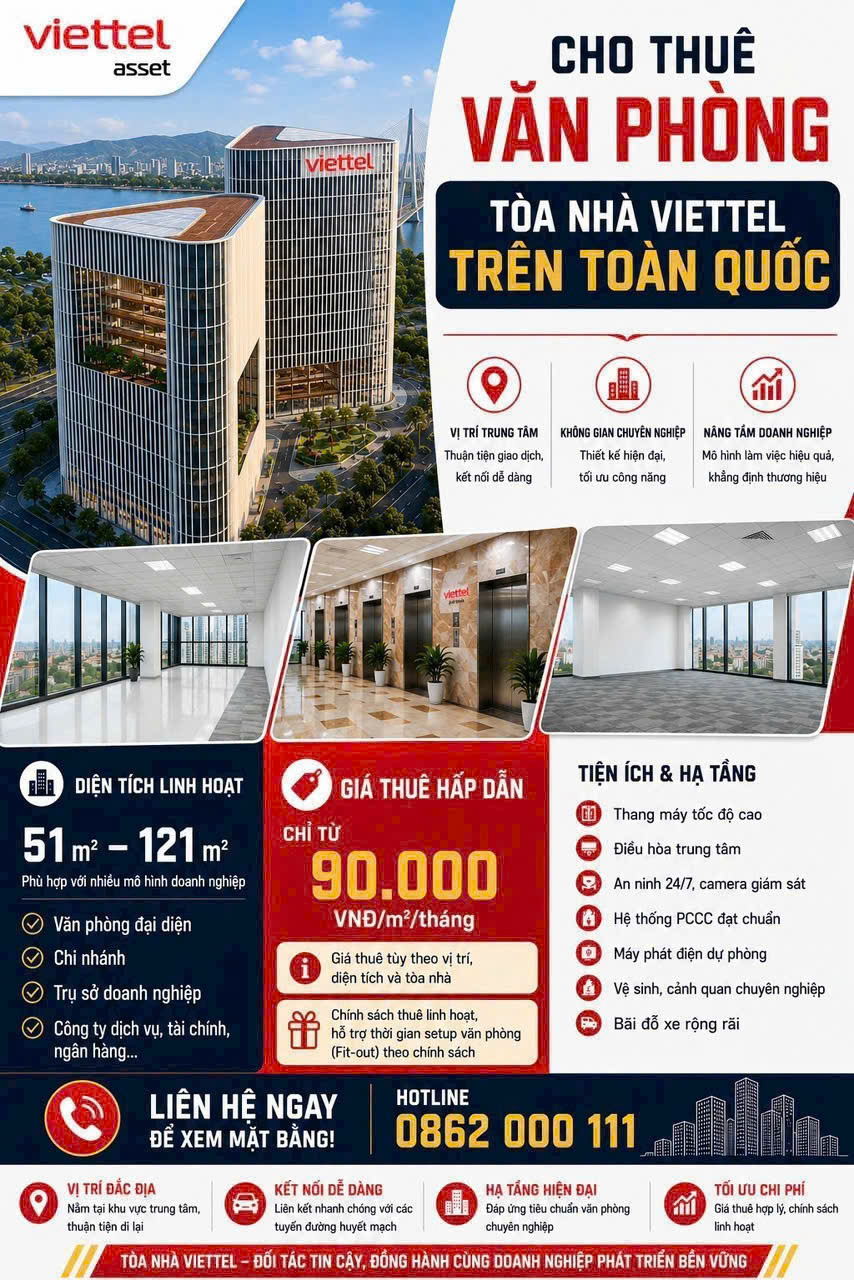 CHO THUÊ VĂN PHÒNG TẠI TOÀ NHÀ VIETTEL LÀO CAI – Vị trí trung tâm kết nối 16008385