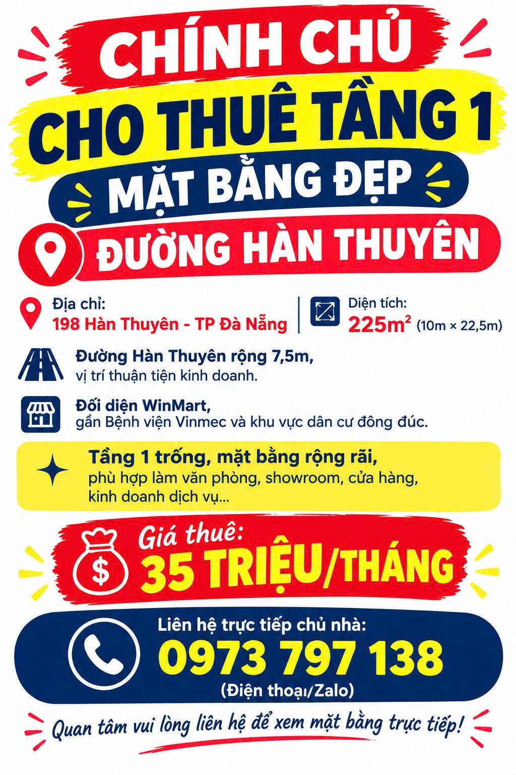 CHÍNH CHỦ CHO THUÊ TẦNG 1 – MẶT BẰNG ĐẸP ĐƯỜNG HÀN THUYÊN Địa chỉ: 198 Hàn Thuyên - TP Đà Nẵng 16008736